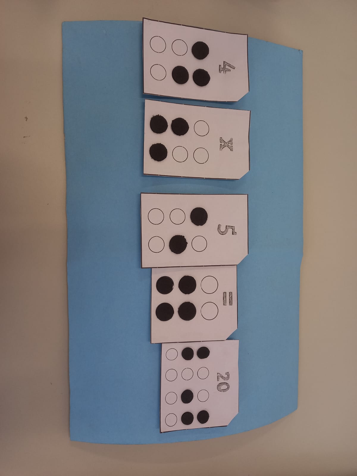 5 pedaços de papel retangulares. O primeiro possui em título o número 4 e, logo abaixo, a escrita em braille desse número. A segunda figura segue o mesmo princípio, mas o título é a letra X, simbolizando uma multiplicação, e abaixo do título a mesma letra escrita em braille. Logo após temos o número 5 e sua escrita em braille, seguido pelo sinal de igualdade e sua escrita em braille, que, por sua vez, é seguido pela carta de título 20 com sua escrita em Braille. Dessa forma, a imagem contém a multiplicação de 4 vezes 5 que é igual a 20.