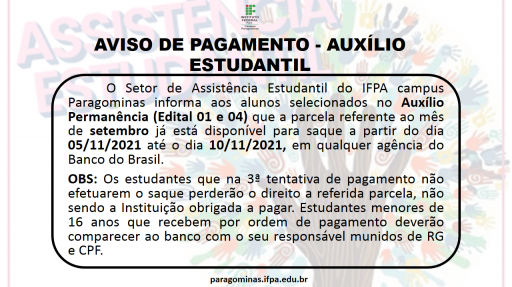 Aviso de pagamento Auxílio estudantil