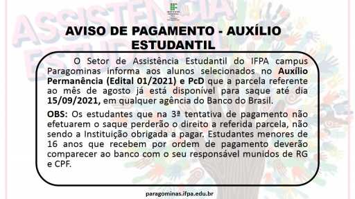 Aviso de pagamento Auxílio estudantil